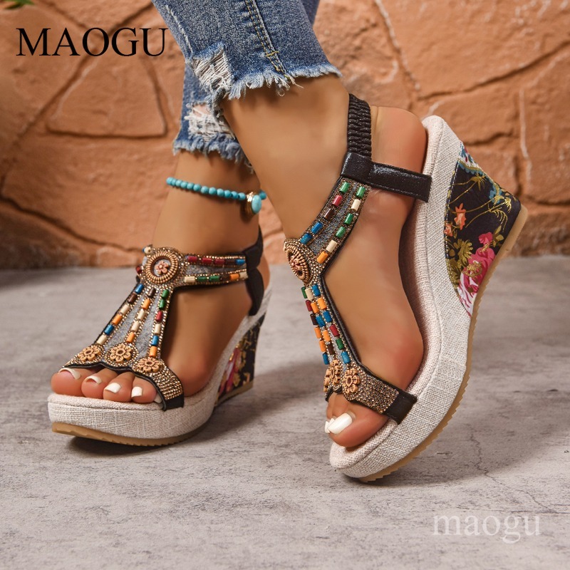 Boho Beaded Floral Wedge Sanda - Ethnic Modern Fashion recension och pris
